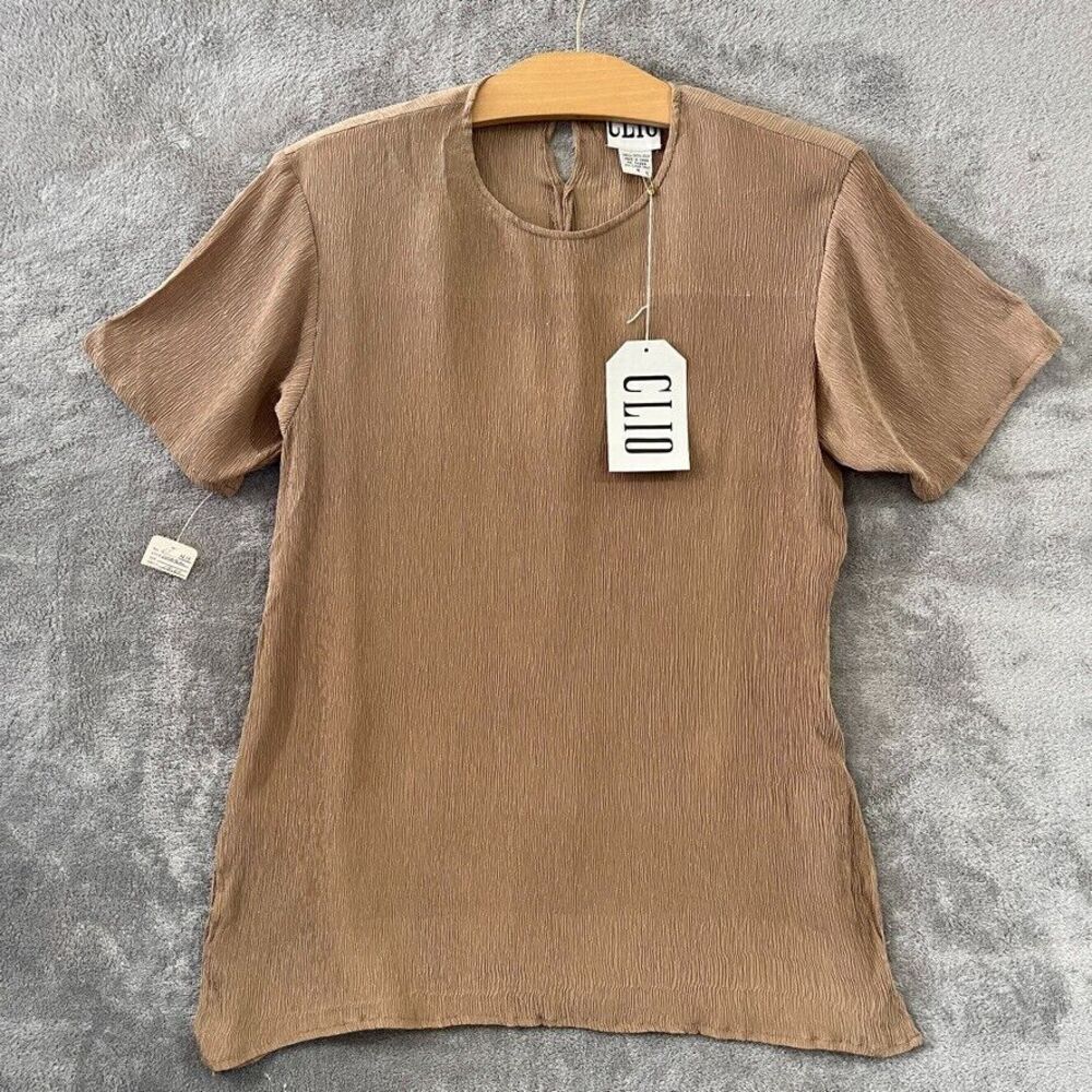 NWT Vintage CLIO Blouse Women’s Small Beige Tan Textured Silk Short Sleeve Top